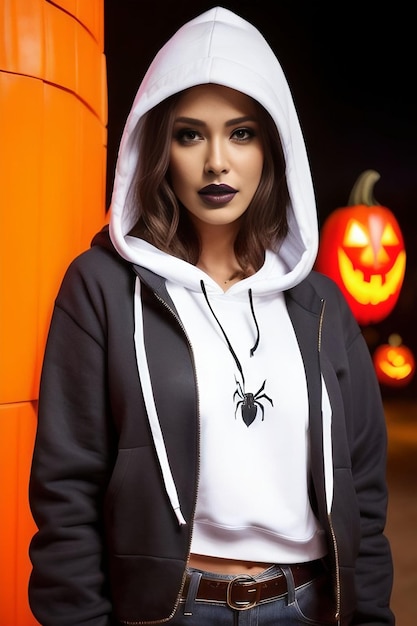 halloween Closeup portrait of a girl in a white hoodie with a spider on a city street