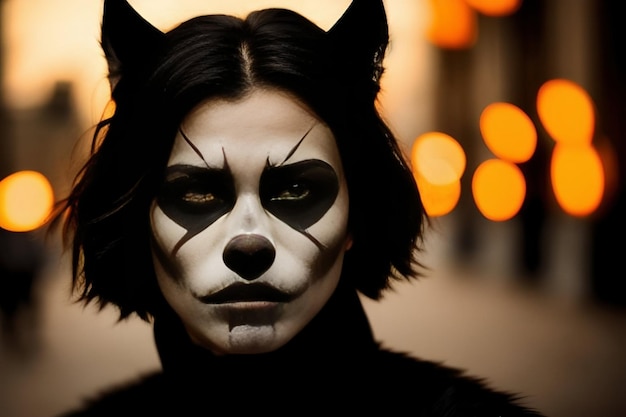 halloween closeup portrait of a werewolf girl ears on the street lanterns horror