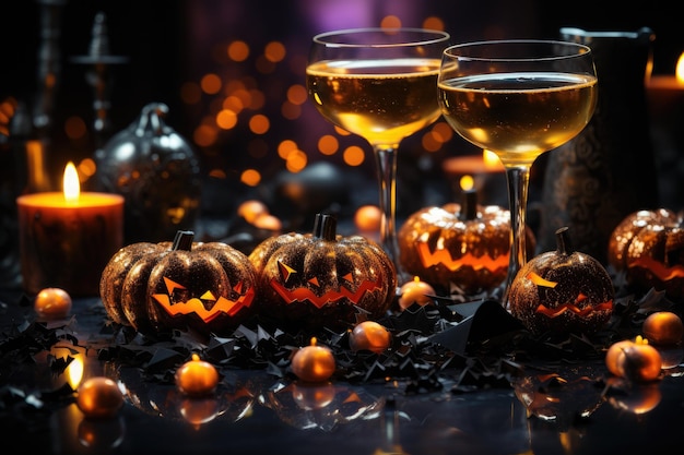 Halloween cocktails in glasses on table with small pumpkins and candles