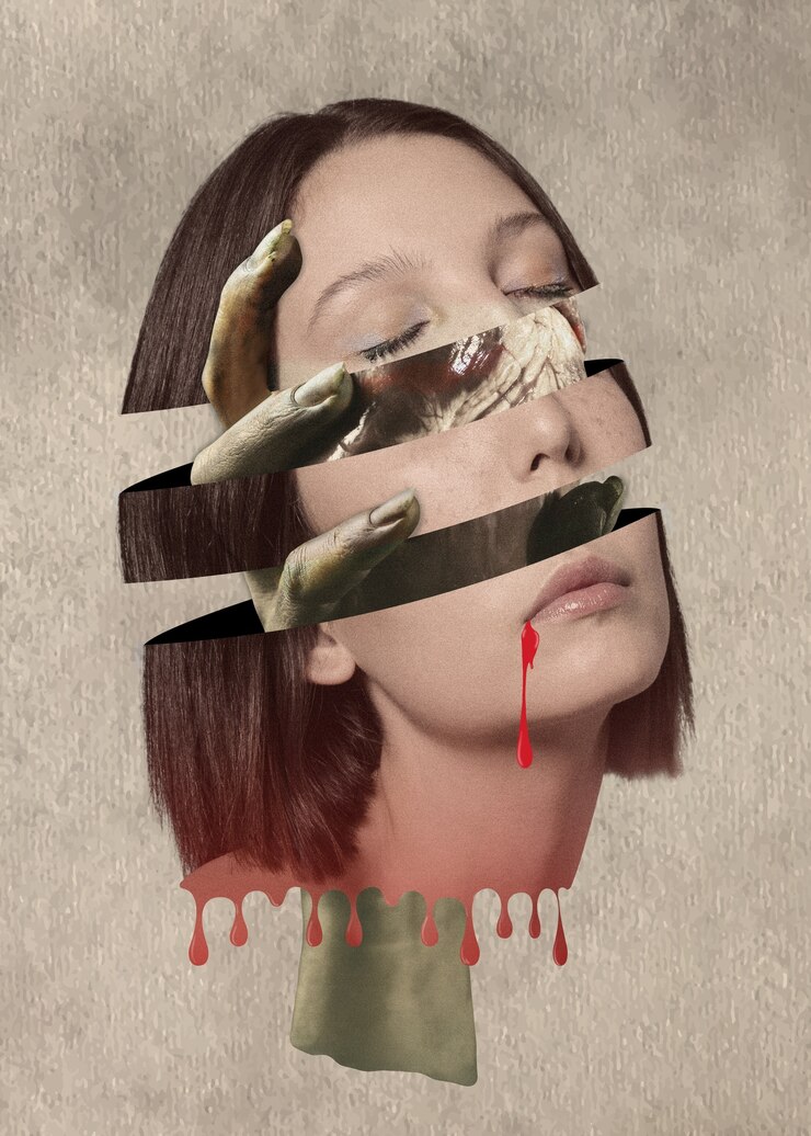 사람 얼굴과 머리가 있는 할로윈 콜라지