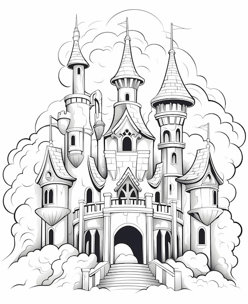 子供向けのハロウィーンの塗り絵ページ 雲の中のお化け城
