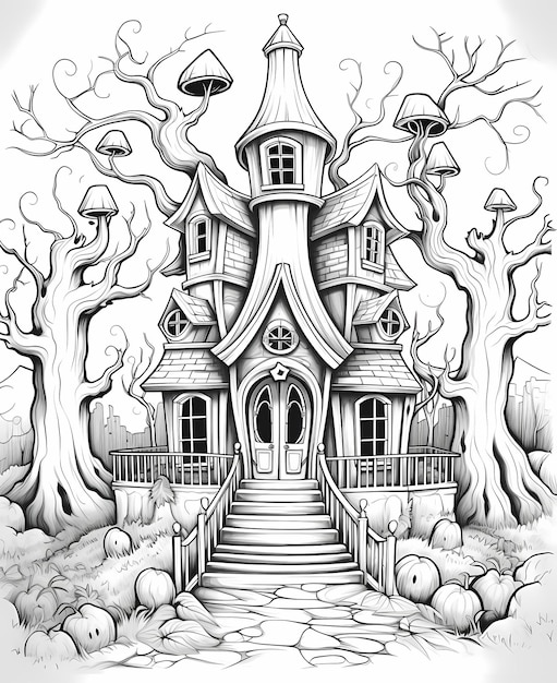 子供向けのハロウィーンの塗り絵ページ 魔法の森のホーンテッドマンション