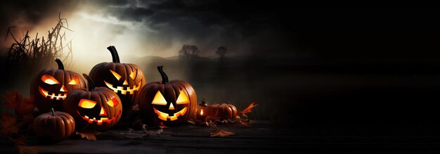 AI が生成した、ろうそくの暗い背景を持つ燃えるカボチャのグループのハロウィーンの組成