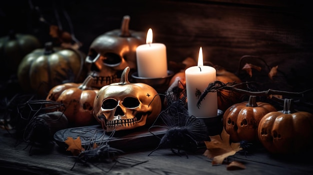 Halloween composition of a burning group of pumpkins with a candle dark background Header banner mockup with copy space AI generated