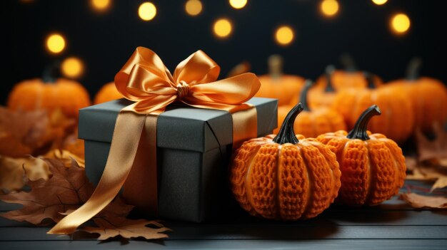 Halloween composition in dark tones Elegant gift box with bow Candles dried maple leaves pumpkins blurred background with bokeh effect Halloween celebration concept Template copy space