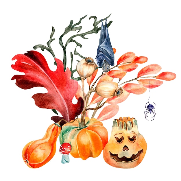 Halloween composition with colorful plants watercolor illustration isolated on white