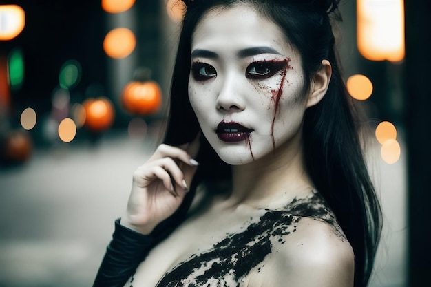 Halloween concept An Asian woman with terrible makeup red wounds a gothic dress