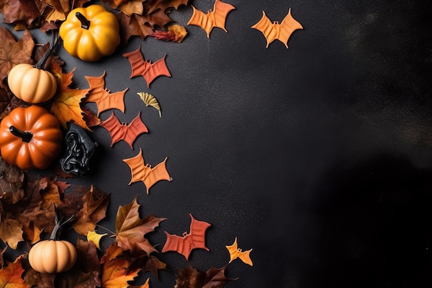 Halloween concept background composition with autumn leaves and pumpkins