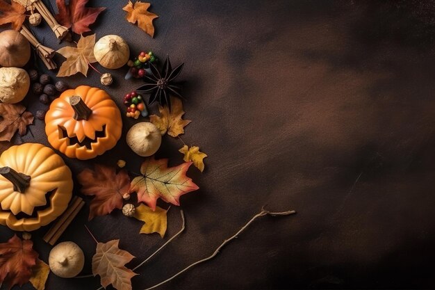 Halloween concept background composition with pumpkin and autumn leave on wooden background