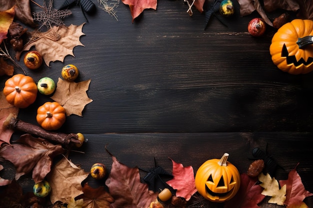 Halloween concept background composition with pumpkin and autumn leave on wooden background