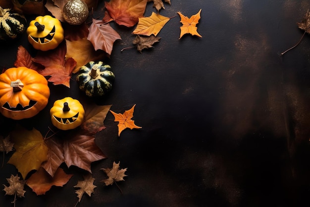 Halloween concept background composition with pumpkin and autumn leaves dark background ai generated