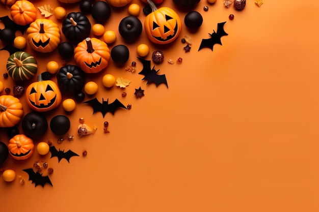 Halloween concept background composition with pumpkins spiderweb and bats ai generated