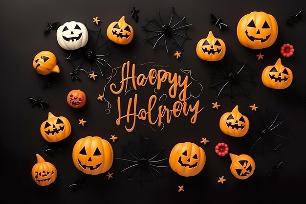 Photo halloween concept background composition with spider web pumpkins bats spiders on black background