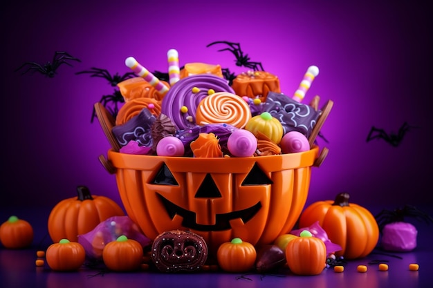 Halloween concept background Halloween jack o lantern basket with full of candies Trick or treat