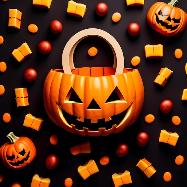 Halloween concept background Halloween lantern pumpkin basket with full of candies