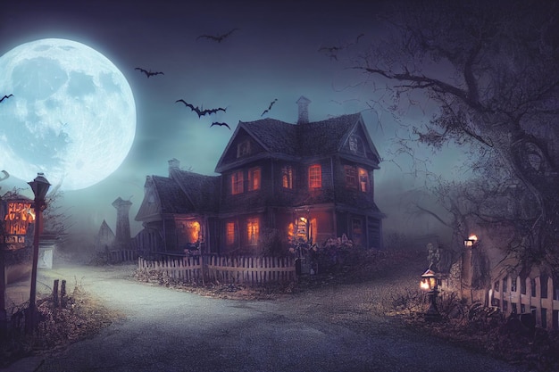 Sfondo di concetto di halloween di casa horror realistica e strada inquietante al chiaro di luna