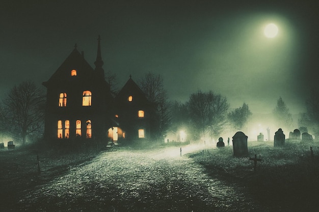 Halloween concept background of realistic horror house and creepy street with moonlight