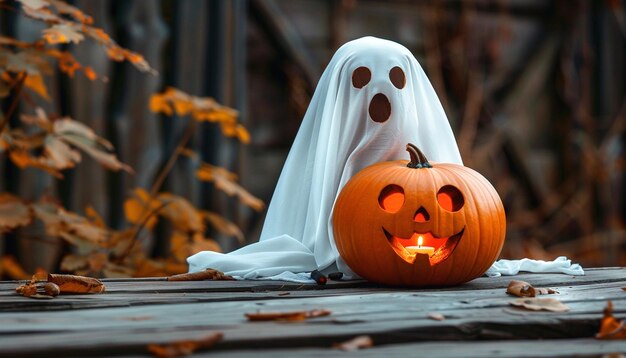 Foto il concetto di halloween combinato con il fantasma della zucca