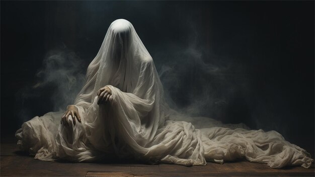 Foto concept di halloween donna morta nella nebbia su uno sfondo scuro