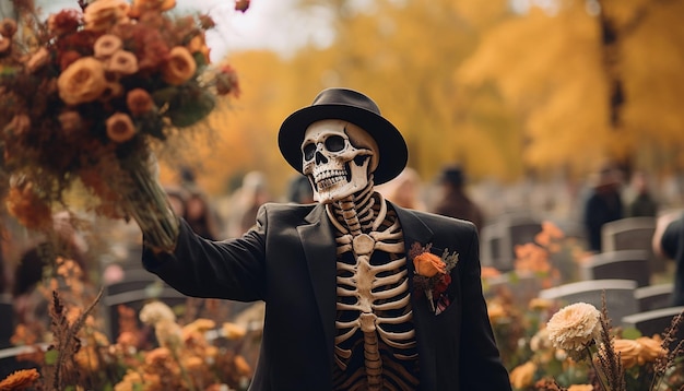 Halloween-concept Een man in een skeletkostuum met een boeket bloemen op de begraafplaats