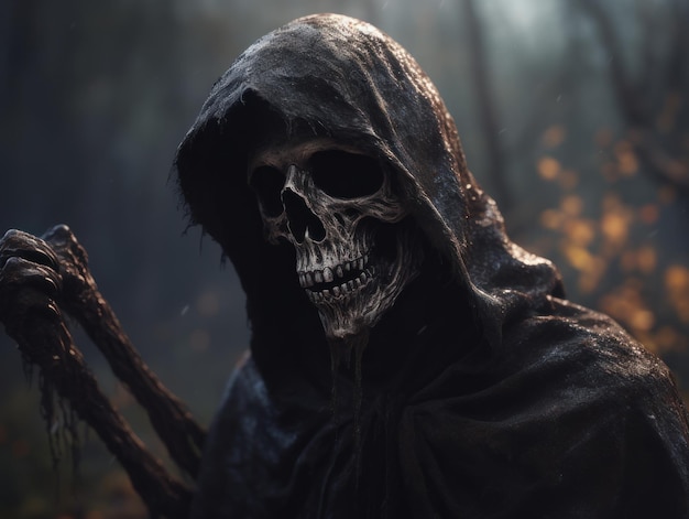 Halloween-concept Eng skelet van onverbiddelijke maaimachine in het bos Gemaakt met generatieve AI-technologie