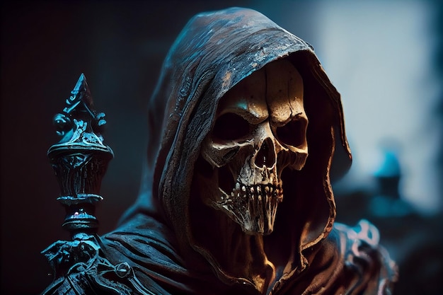 Halloween-concept Enge menselijke schedel in heksenhalloween-kostuumgeneratieve ai