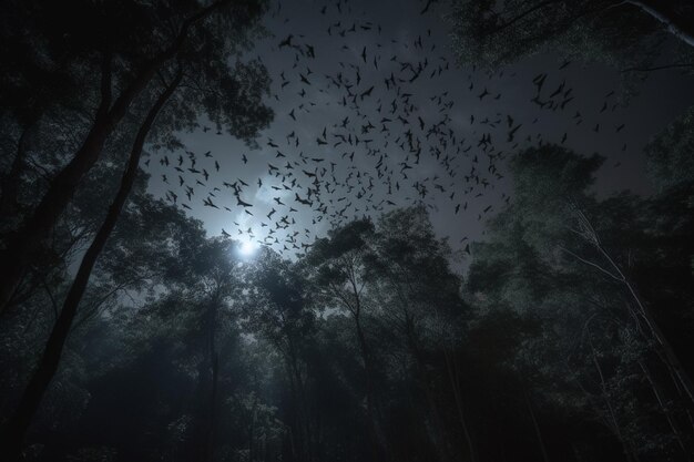 ハロウィーンのコンセプト夜の暗い森でコウモリが飛んでいる怖いハロウィーンの背景