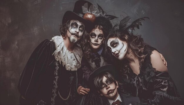 Halloween Concept happy family mother father and children in costumes and makeup