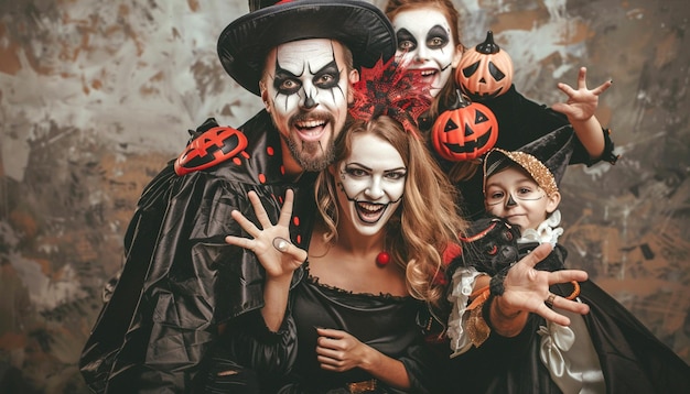 Halloween Concept happy family mother father and children in costumes and makeup