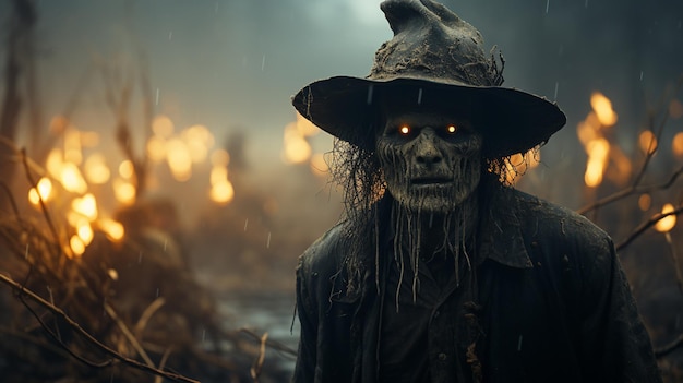 Foto halloween concept heks in spookachtig bos met schedel
