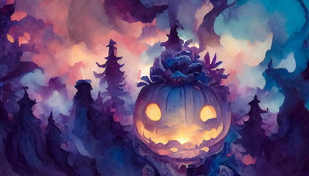 Halloween concept horror aquarel illustratie Pompoen spook in het bos Paars oranje gele en zwarte kleuren Voor uitnodigingen kaarten of covers 3D illustratie