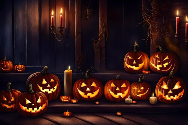 Halloween concept horror watercolor illustration Pumpkins and candles near the house of horrors