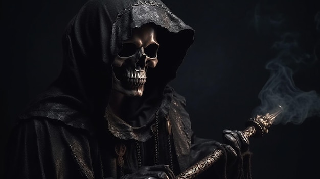 Photo halloween concept man in death costume with sword and skull on black backgroundgenerative ai