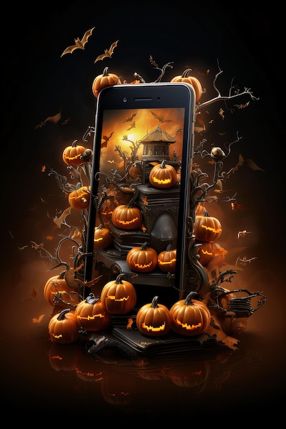 Halloween-concept met pompoenen en vleermuizen uit de smartphone