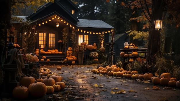 Photo halloween concept old wooden house decorated with halloween pumplins and lights