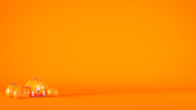 Halloween concept orange background with pumpkin lanterns and candles 3d render with copy space