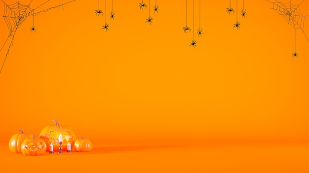 Halloween concept orange background with pumpkins, candles and spider webs 3d render with copy space