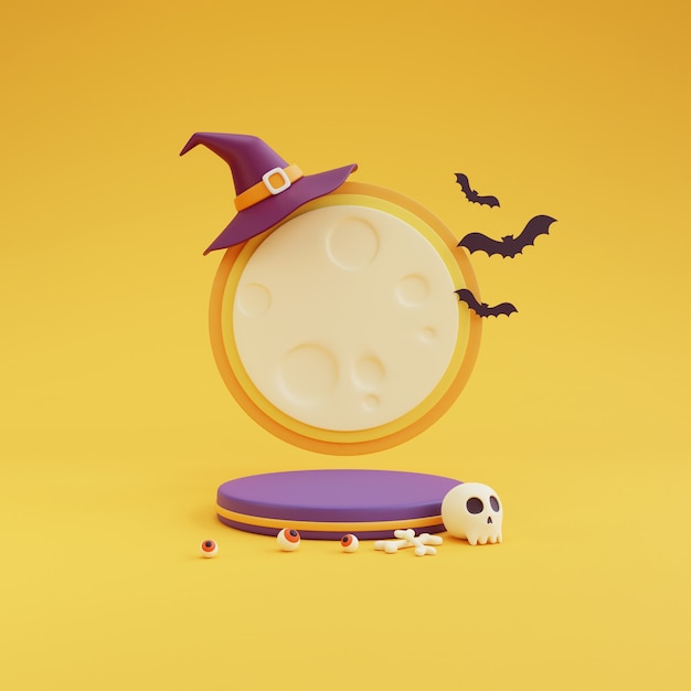 Halloween-concept, podium voor productvertoning met het maanlicht die heksenhoed, schedel, been, oogbal, bat.on gele background.3d-rendering dragen.