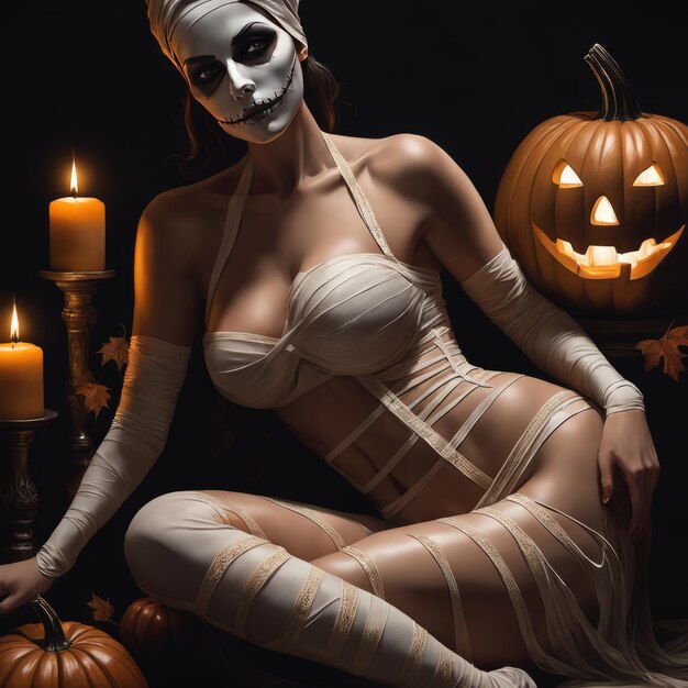 Photo halloween concept and pumpkin advertisement concept sexy pumpkin jack lantern trick or treat costume