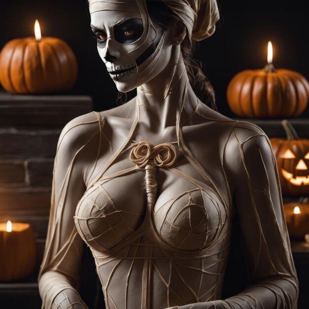 Halloween concept and pumpkin Advertisement concept Sexy pumpkin jack lantern Trick or treat Costume