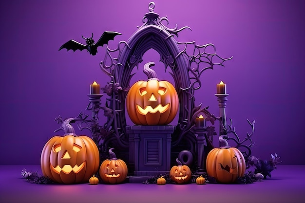 Halloween concept pumpkin spider and bat decorations on purple background for a party