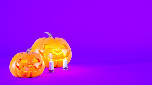 Halloween concept purple background with orange pumpkin lanterns and candles d rendering