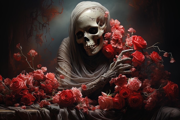 Foto concept di halloween donna morta spaventosa e rose rosse su sfondo scuro ai generative