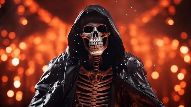 halloween concept Scary skeleton in a black cloak with a hood