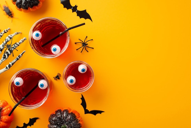 Halloween concept Top view photo of floating eyeball punch in glasses pumpkins bat silhouettes skeleton hand spiders and cockroach on isolated yellow background with copyspace