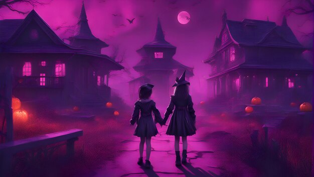 Halloween concept two girls in witch halloween costumes standing in front of haunted house