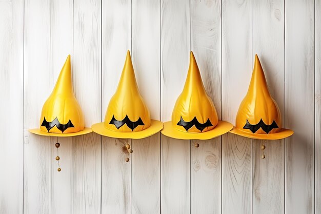 Halloween concept with ghost pumpkins witch hat bats on white wooden background