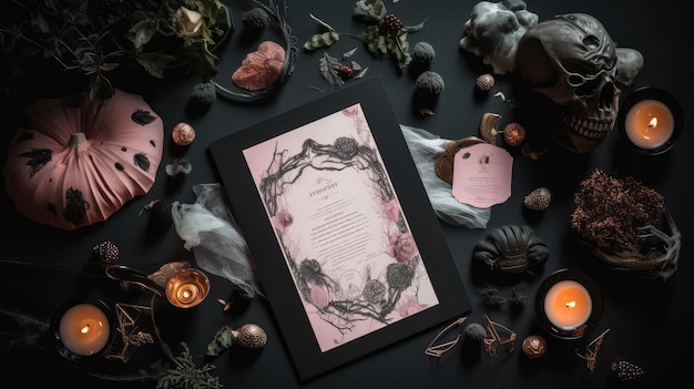 写真 ハロウィーンのコンセプト 黒い背景の招待カードと装飾 トップビュー