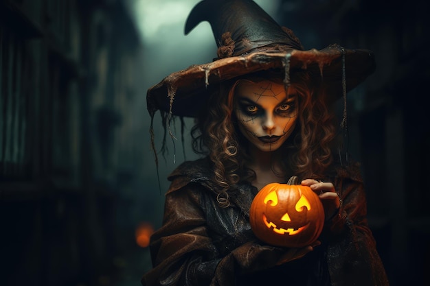ハロウィーンのコンセプト暗い背景にカボチャと魔女の衣装を着た女性