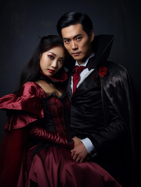 halloween concept of young asian woman in costume witch and asian man in costume dracula